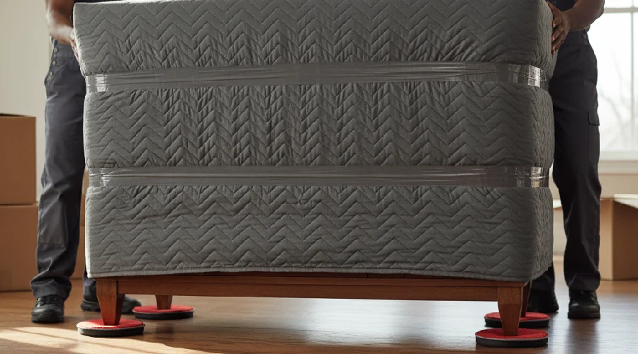 Two movers in Denver use furniture sliders to maneuver a padded sofa, protecting hardwood floors and making tight-space navigation safer.