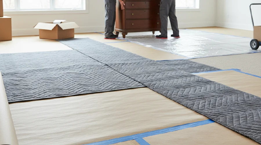 Room prepared for a move with paper floor covering, blue painter’s tape, and quilted runners while movers carry a dresser—illustrating floor protection FAQs.