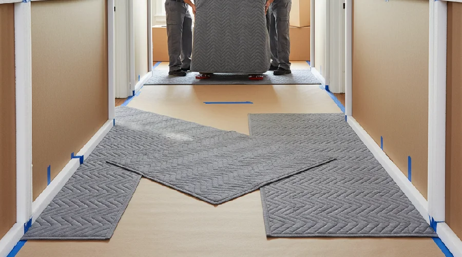 Denver movers guide padded furniture on sliders along paper floor covering and quilted runners with wall guards, keeping hardwood floors pristine after the move.