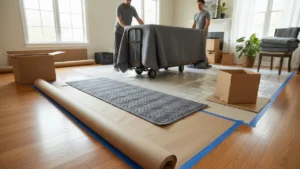 Denver movers protect hardwood floors with floor runners, plastic sheeting, and moving blankets while rolling a covered sofa.