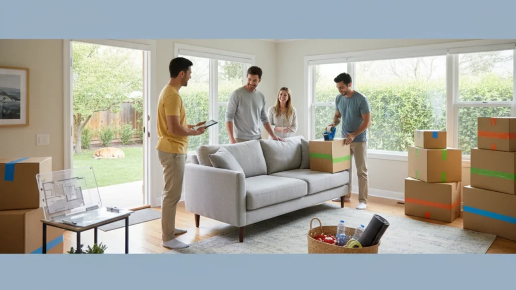 How to avoid the most stressful parts of moving: Denver movers packing and labeling boxes in a bright living room.