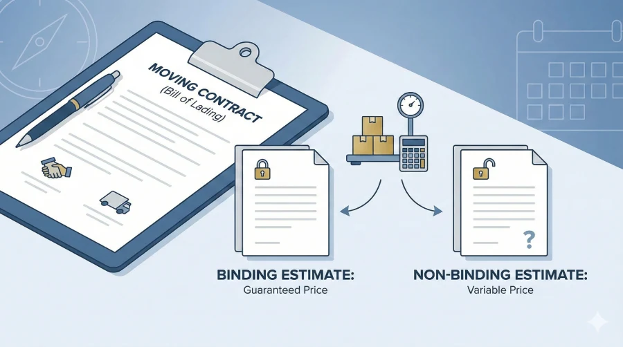 Minimalist illustration comparing binding versus non-binding moving estimates, featuring a stylized contract on a clipboard and symbols representing fixed vs. variable pricing for Denver relocations.
