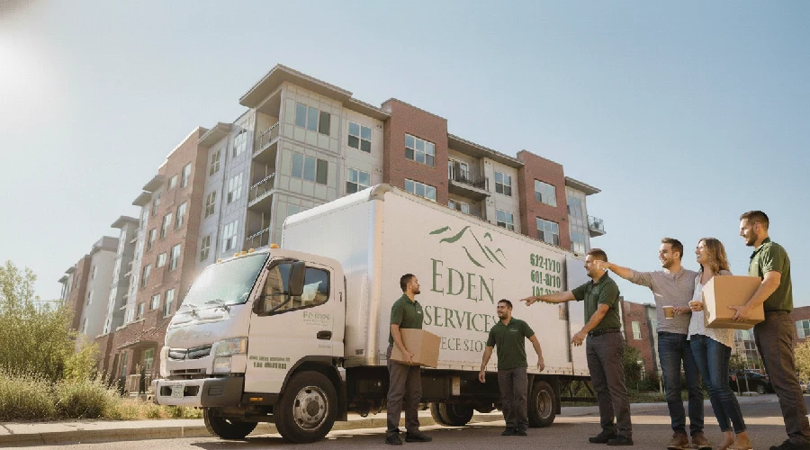 Denver moving crew with branded truck helping a smiling couple outside an apartment—local movers making home moves less stressful.
