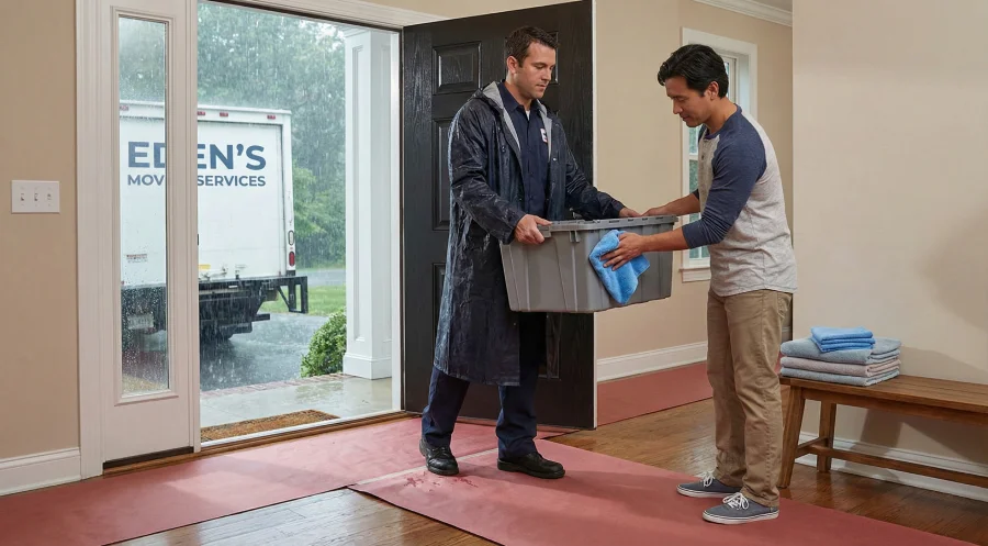 A professional mover in Denver wipes down a wet plastic moving bin with a microfiber towel in a designated dry staging area inside a home, utilizing red floor runners to protect the flooring during a rainy move.