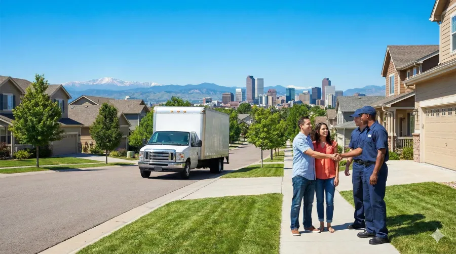 A smiling couple shakes hands with two professional movers in uniform outside a residential home with a moving truck parked on the street. The Denver city skyline and the snow-capped Rocky Mountains are clearly visible in the background under a sunny sky.