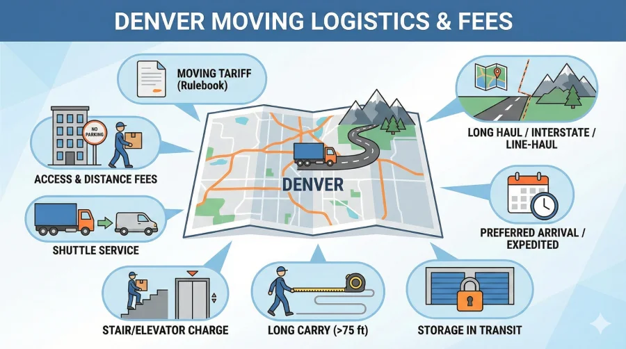 Infographic titled 'DENVER MOVING LOGISTICS & FEES'. A central map of Denver with a truck is surrounded by eight icons illustrating potential extra moving costs: Moving Tariff, Long Haul/Interstate/Line-Haul, Preferred Arrival/Expedited, Storage in Transit, Long Carry (>75 ft), Stair/Elevator Charge, Shuttle Service, and Access & Distance Fees.