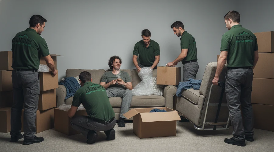Denver professional movers packing boxes and lifting furniture, helping a relaxed homeowner—showing how moving services reduce moving-day stress.