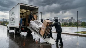 Professional movers from Eden's Moving Services, wearing branded rain gear, load plastic-wrapped furniture and boxes using a dolly and ramp onto a moving truck during a rainy day in Denver, Colorado, with the city skyline and dark storm clouds in the background.
