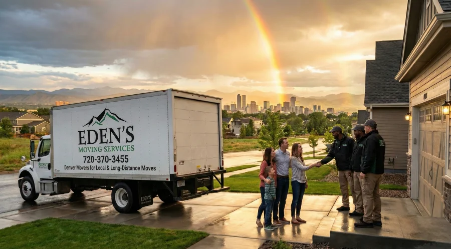 A happy family shakes hands with Eden's Moving Services professionals in Denver under a bright rainbow and sunset after a rainy move, symbolizing a successful, stress-free relocation with the help of local experts.