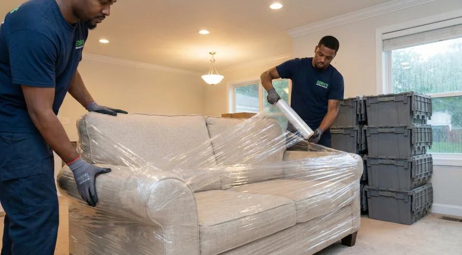 Two professional movers from Eden's Moving Services in Denver use clear stretch wrap to protect a large sofa from moisture, with waterproof plastic moving bins stacked in the background.