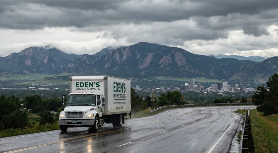An Eden's Moving Services truck carefully navigates a winding, wet mountain road in the Colorado Front Range during a rainstorm, showcasing specialized logistics for bad weather moves near Denver.
