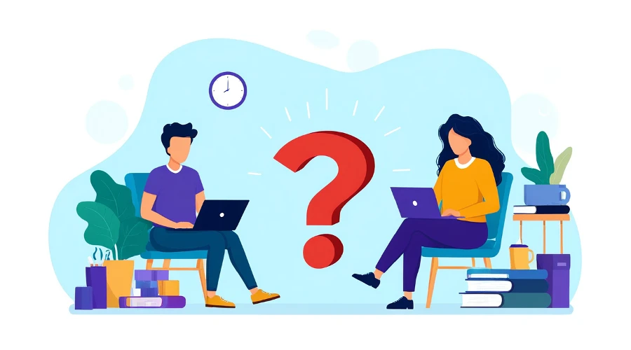 Illustration of two people with laptops and a large question mark—FAQs about reducing stress when moving to a new house.