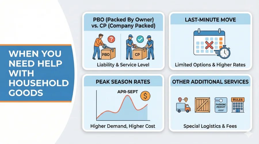 Infographic illustrating key household moving terms: a comparison of 'PBO' (Packed by Owner) versus 'CP' (Company Packed) boxes, a calendar highlighting 'Peak Season Rates' from April to September, and a clock symbol representing 'Last-Minute Move' urgency.