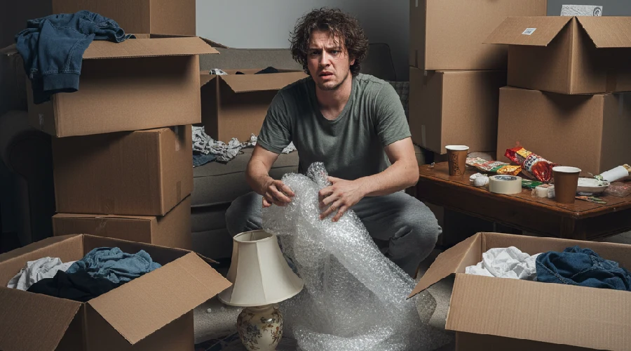 Overwhelmed man packing and decluttering amid stacks of moving boxes, and bubble wrap, showing stressful parts of moving.