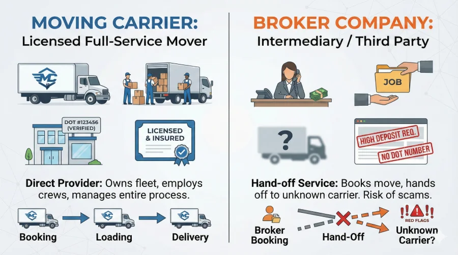 Infographic comparing a 'Moving Carrier' (licensed full-service mover with verified DOT number, own fleet, and direct service) versus a 'Broker Company' (intermediary third party showing red flags like high deposits, no physical address, and handing off jobs to unknown carriers).