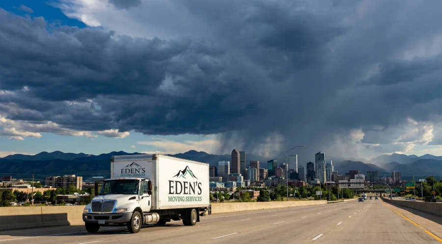 A moving truck travels down a wet highway towards the Denver skyline and Rocky Mountains, with massive dark monsoon storm clouds rapidly building over the city, illustrating Colorado's unpredictable weather.