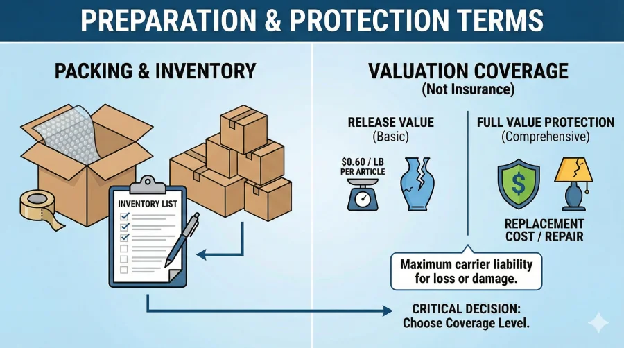 Educational graphic comparing moving liability options: 'Release Value' (minimum coverage based on weight) versus 'Full Value Protection' (replacement cost coverage). A clipboard icon represents the moving inventory list required for claims.