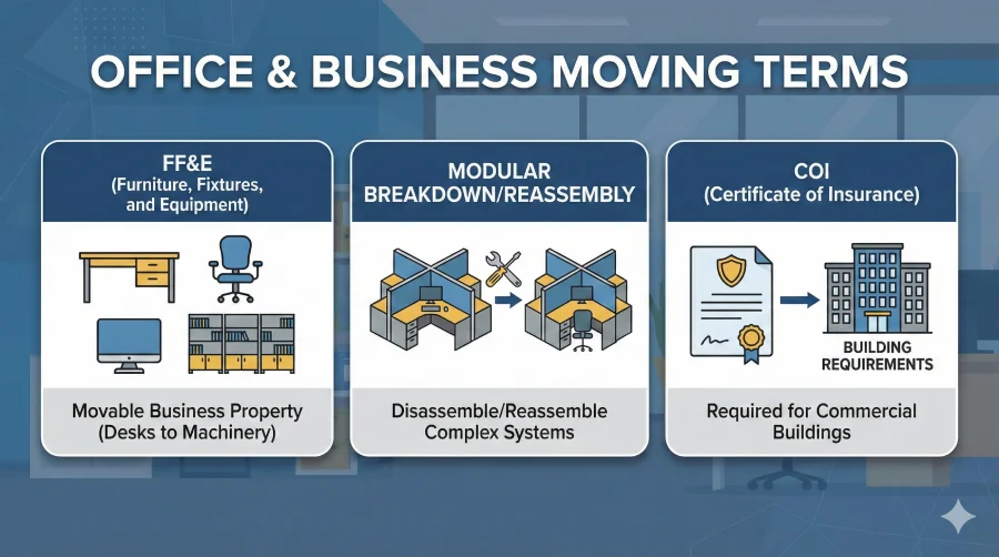 Infographic titled 'OFFICE & BUSINESS MOVING TERMS'. It features three panels: 'FF&E (Furniture, Fixtures, and Equipment)' showing desks and technology; 'MODULAR BREAKDOWN/REASSEMBLY' illustrating cubicle system assembly; and 'COI (Certificate of Insurance)' showing a document required by commercial buildings.