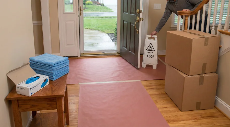 A home entryway prepared for a rainy move with protective red floor runners laid down, a stack of dry towels, disposable shoe covers, and a wet floor sign near the open door.