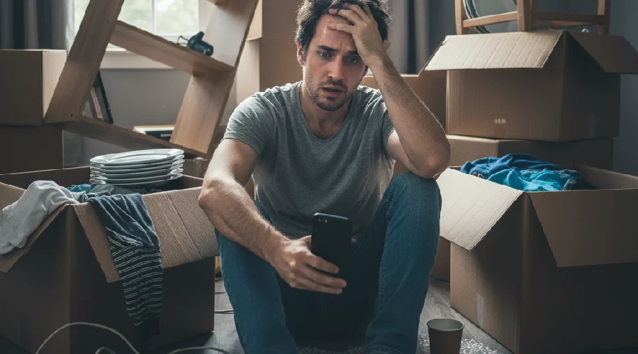 Stressed man sitting among moving boxes and clutter, checking his phone for local movers nearby—illustrating why moving house feels stressful.
