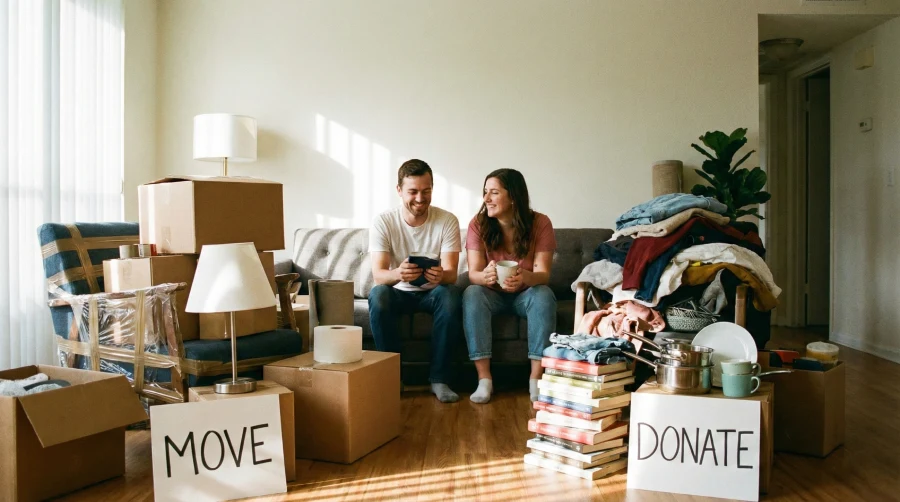 Couple sorting household items into move and donate piles in a Denver, CO 80206 living room during the decluttering phase of a temporary move.