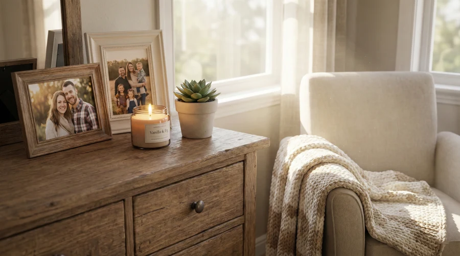 ersonal mementos including family photos, a scented candle, and a cozy throw blanket arranged to make a temporary rental feel like home.