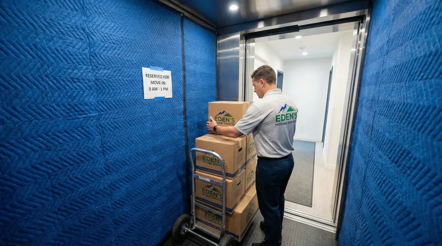 Eden's Moving Services professional using a reserved freight elevator with protective blue padding in a Denver apartment complex, ensuring compliance with building rules and preventing damage to common areas.