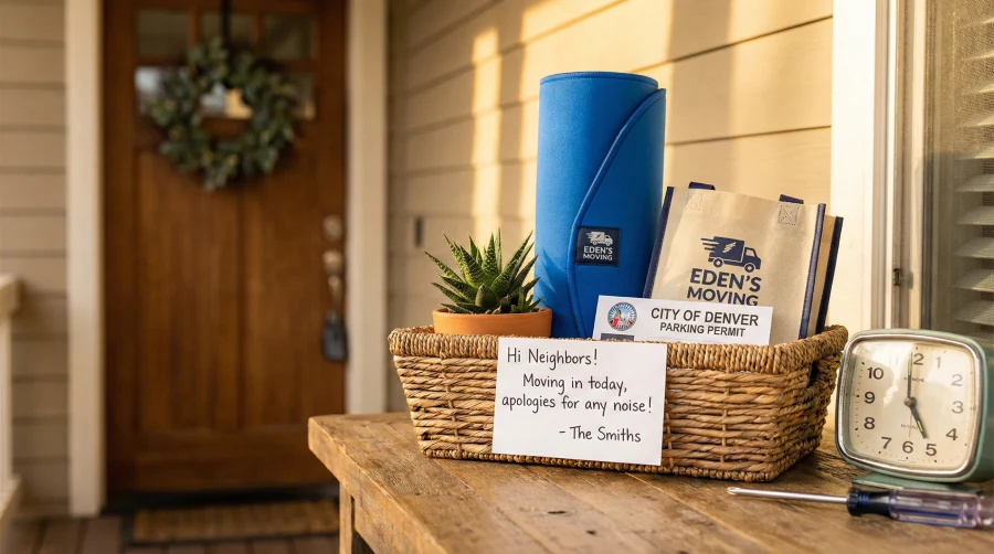 Thoughtful welcome basket on a Denver porch featuring a City of Denver parking permit, floor protection, and a handwritten note to neighbors, illustrating expert tips for a considerate and smooth move with Eden's Moving Services.