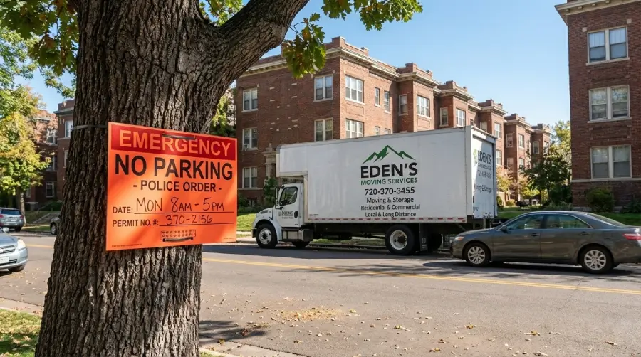 Eden's Moving Services truck parked legally behind an official Emergency No Parking permit sign in Capitol Hill, demonstrating how to secure street parking in Denver without blocking traffic or risking fines.