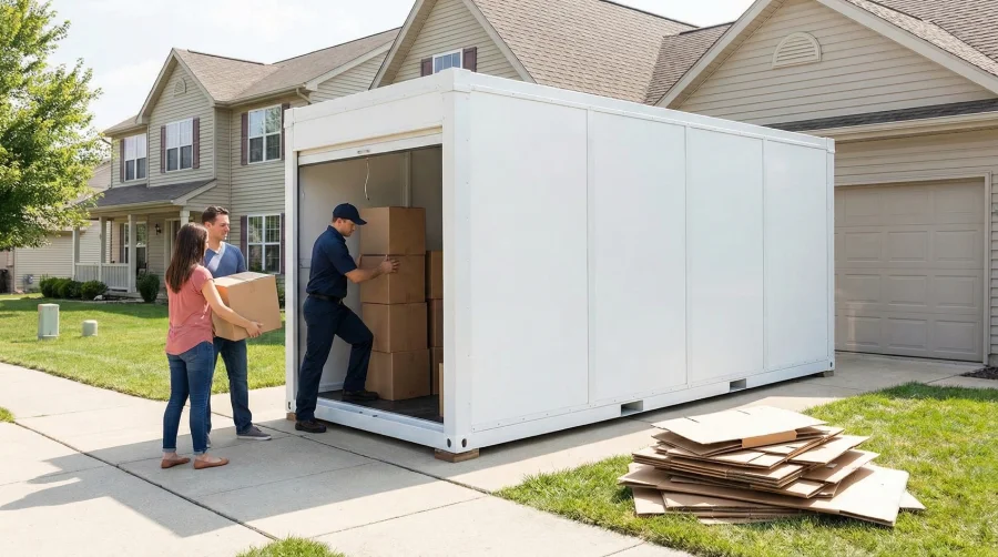 Portable moving and storage container placed in a residential driveway, providing a secure and flexible solution for Eden's Moving clients when moving and rental dates do not align.