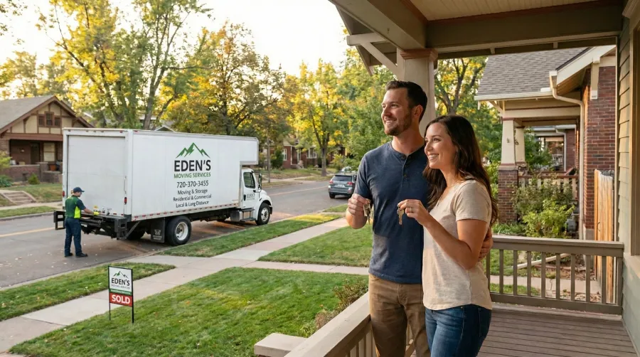 Happy couple holding keys to their new Denver home on a sunny porch with an Eden's Moving Services truck in the background, representing a stress-free move and successful relocation after requesting an estimate.