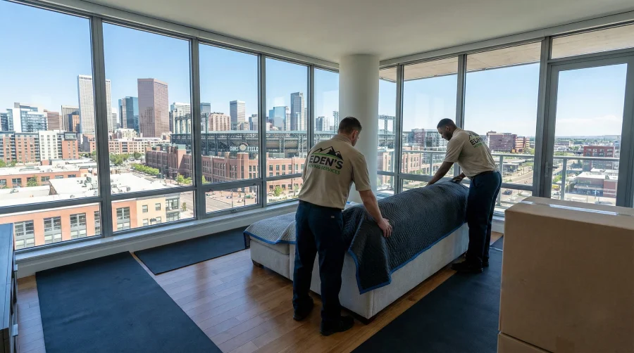 Professional Eden's Moving Services crew carefully wrapping furniture inside a luxury LoDo Denver high-rise apartment overlooking Coors Field, using floor runners to ensure a quiet and mindful urban transition.