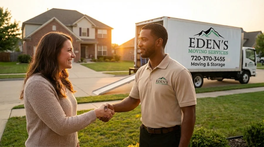 Eden's Moving Services professional shaking hands with a satisfied customer in Denver, CO after a successful relocation, with a branded truck displaying 720-370-3455 in the background.