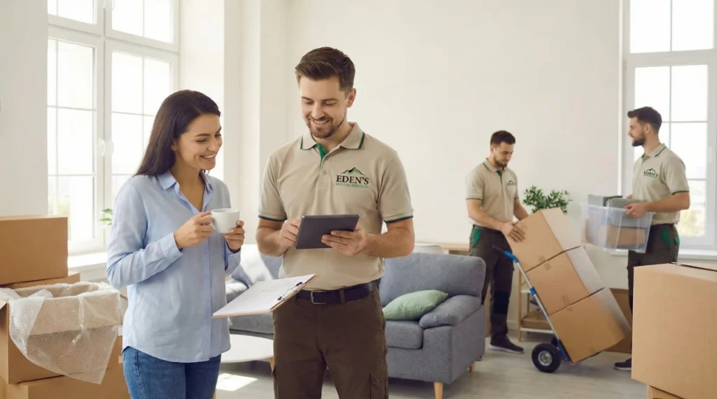 Eden's Moving Services professional reviewing a temporary move checklist with a client on Steele St, Denver, CO 80206.