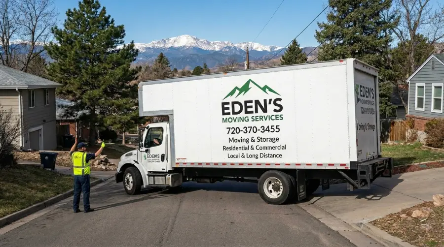 Eden's Moving Services truck expertly reversing into a steep driveway with a spotter's help, demonstrating experienced navigation of difficult Denver terrain and Rocky Mountain access points.