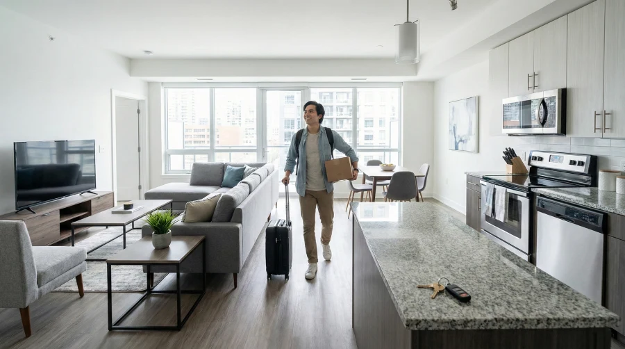 Man arriving at a fully furnished temporary apartment in Denver, CO, experiencing turnkey convenience with just a suitcase and essential items.