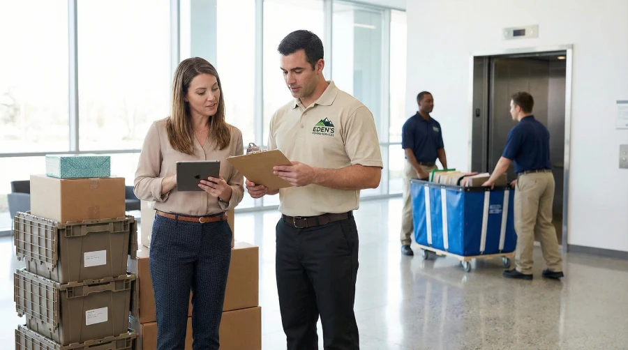Corporate relocation manager reviewing a moving checklist with an Eden's Moving Services supervisor in a Denver office lobby, coordinating a seamless commercial move.