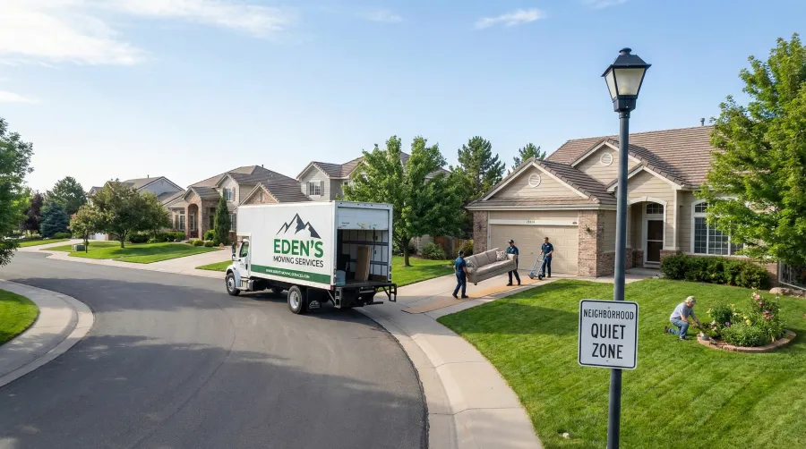 Eden's Moving truck parked in a peaceful Highlands Ranch neighborhood driveway next to a Quiet Zone sign, illustrating compliance with Denver noise ordinances and respect for neighbors in suburbs like Littleton.