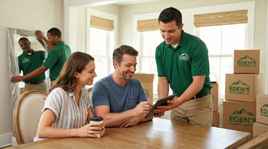 A relaxed couple in Denver signing a digital estimate on a tablet with an Eden's Moving Services crew leader, streamlining their strategy and eliminating stress by opting for full-service professional movers to manage the process.