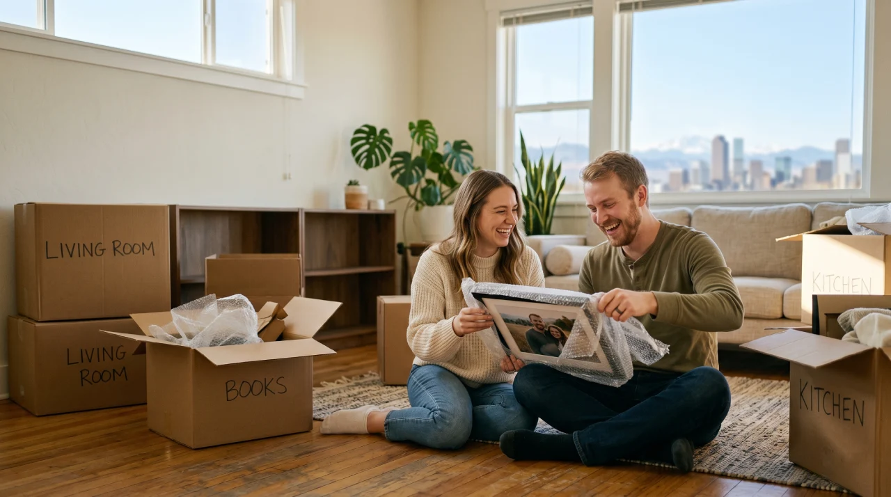 Denver couple sitting on the floor of their new home, laughing as they unwrap a framed photo surrounded by labeled moving boxes