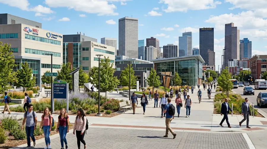 A sunny view of students and professionals walking on a modern campus with the city skyline in the background, showcasing amazing education options for Denver, Colorado families. The image highlights the unique setup where MSU Denver, Community College of Denver, and the University of Colorado Denver share a campus right off Colfax in the heart of downtown, offering a fabulous opportunity to enroll while continuing a full-time career.