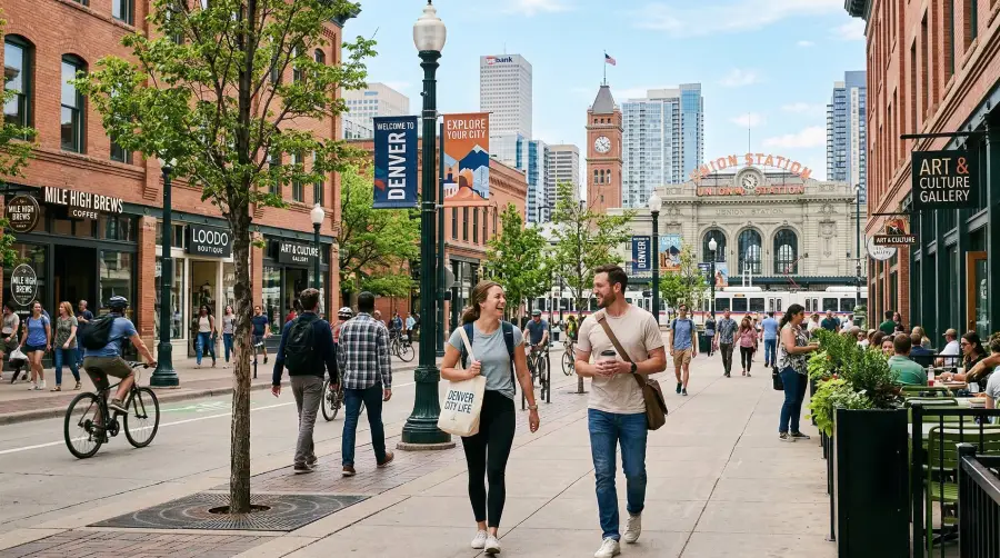 A young couple walking and smiling along a vibrant, pedestrian-friendly street near Denver's Union Station. This highlights the top benefits of relocating from Boulder to Denver, CO, where new residents can enjoy additional walkability, healthy living options, and the chance to experience new things in a bustling urban environment.