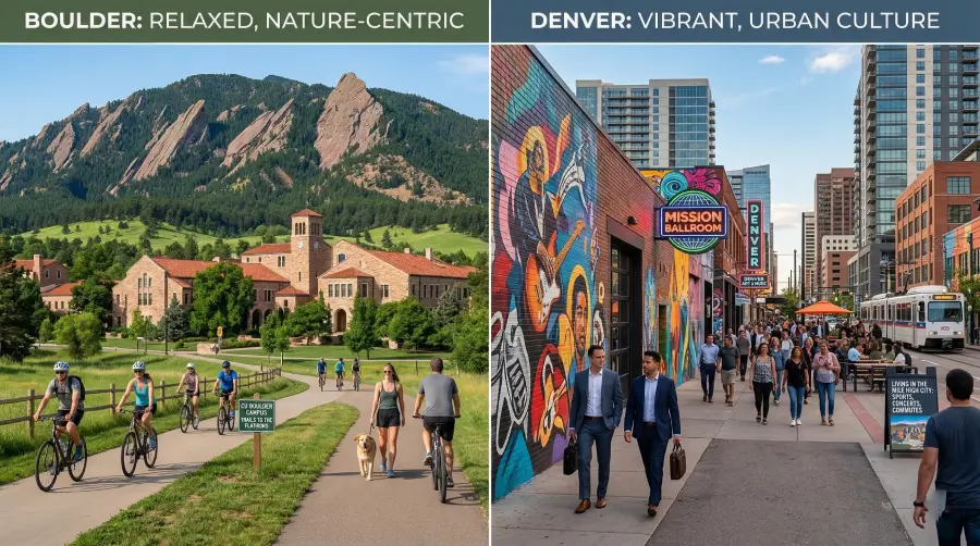 A side-by-side comparison illustrating the cultural shift between the two cities. On the left, people enjoy Boulder's relaxed, environmentally friendly living near the University of Colorado, while the right showcases Denver's fast-paced culture with professionals commuting through a vibrant urban street representing the city's art, music, and business hub.