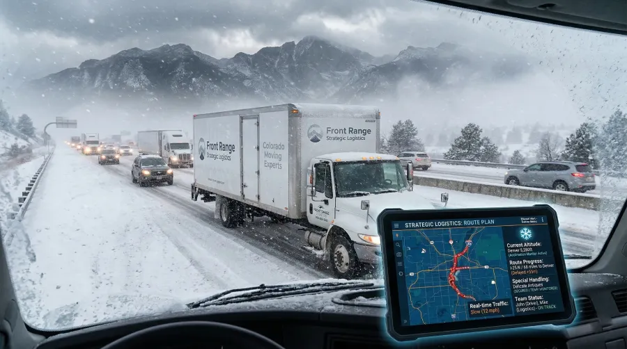 A moving truck, subtly branded for "Front Range Strategic Logistics" and "Colorado Moving Experts," navigates a heavy winter blizzard and slow traffic on I-25 North toward Denver along the Front Range Rocky Mountains. Overlaid on the dashboard is a glowing, detailed tablet display showing a "STRATEGIC LOGISTICS: ROUTE PLAN" interface with real-time data monitoring: "Blizzard Alert - Denver Metro," "Route Progress (Delayed)," "Current Altitude 5,280ft," "Real-time Traffic (12 mph)," "Special Handling (Secured)," and "Team Status (ON TRACK)." The scene visualizes professional logistics strategy used to overcome difficult Front Range moving conditions.