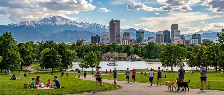 A wide, scenic panorama of a lush green park in Denver, Colorado, where people are jogging, walking dogs, and enjoying a picnic by the lake. The vibrant downtown skyline and stunning Rocky Mountain views in the background showcase that new residents coming down from Boulder will have continued access to the outdoors, proving that Denver isn't just an urban environment and offers many trails, parks, and open spaces to enjoy.