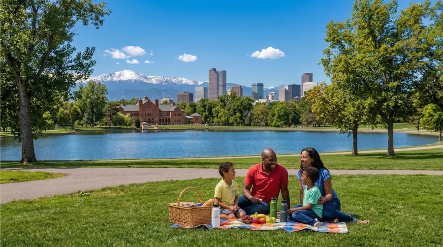 A family enjoying a sunny midday picnic in Denver's City Park, featuring clear views of the lake, the downtown city skyline, and the snow-capped Rocky Mountains.