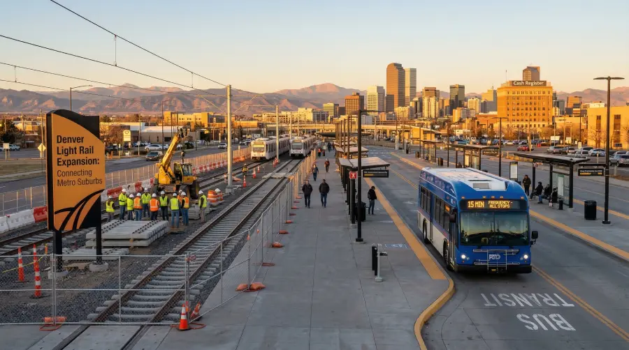 A wide-angle, realistic photograph of a bustling multimodal transit hub near Denver, Colorado, showing light rail tracks under construction with heavy equipment next to an RTD city bus that is displaying "15 MIN FREQUENCY" on its illuminated route sign. The Denver city skyline and Rocky Mountains Front Range are in the background under golden hour lighting.