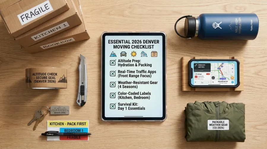 An overhead flat-lay image showing an essential 2026 Denver moving checklist on a tablet, surrounded by Colorado relocation necessities like a Mile High hydration flask, packing tape, color-coded labels, weather-resistant gear, and a smartphone displaying a Denver Metro traffic map.