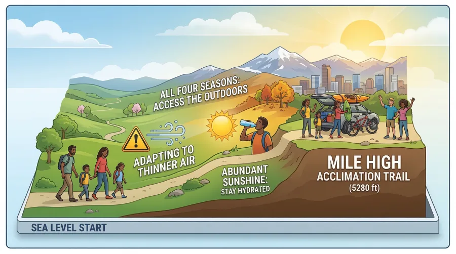 A cross-section illustration showing the journey of moving to Denver, Colorado from sea level, highlighting the physical adaptation to thinner air, abundant sunshine, and the 5280-foot altitude.