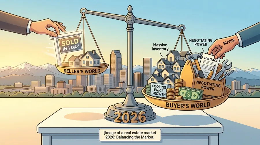 An illustration of a balanced scale tipping toward a buyer's market in the 2026 Denver, Colorado housing market, showing massive inventory, cooling price growth, and negotiating power against the city skyline.